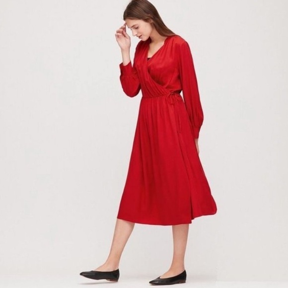 Uniqlo Red Wrap Front Lagenlook Long Sleeve Dress - Picture 1 of 13